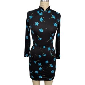 NEW Marcia Black Blue Floral Open Back Mini Dress Size 34 XS Made in France